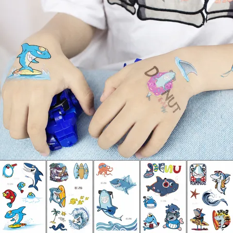 Pegatinas de Tatuaje Temporal Impermeables para Niños Diseño de Animales de Océano Pirata de Tiburón de Dibujos Animados Fiesta de Cumpleaños Falsos Tatuajes