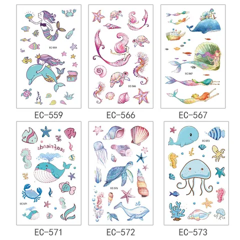 Kids Waterproof Temporary Tattoo Stickers Cute Ocean Animal Mermaid Marine Life Fake Tattoos Body Art Decor Party Favors
