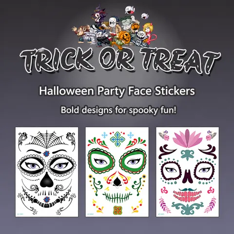 Waterproof Halloween Temporary Tattoo Stickers Skull Ghost Face Decals For Party Masquerade Cosplay Makeup