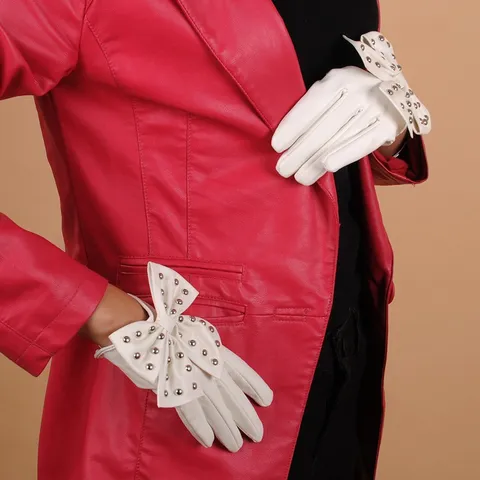 Women Faux Leather Long Finger Gloves Punk Style Big Bow Metal Rivets Performance Dance Party Fashion Accessories