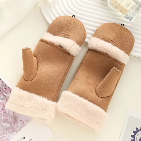 Women Winter Warm Suede Gloves Fleece Lined Flip Cover Fingerless Mittens Casual Solid Color Cold Weather Gloves