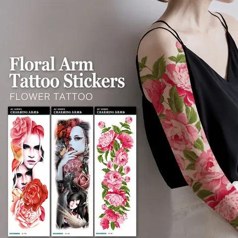 Pegatina de Tatuaje Temporal de Brazo Completo Impermeable Dragón Flor Calavera Arte Corporal Transferencia Hombre Mujer
