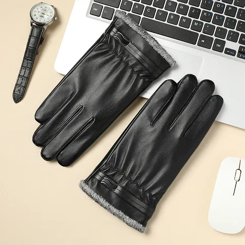 Men Winter Waterproof Thermal PU Leather Gloves Touch Screen Windproof Warm Fleece Lined Outdoor Riding Gloves