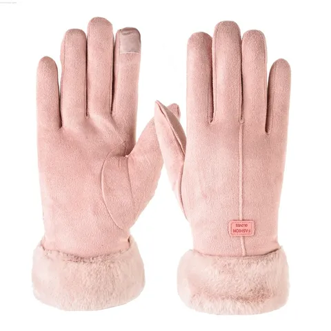 Women Winter Touch Screen Warm Gloves Faux Suede Thickened Plush Cuff Cold Weather Outdoor Cycling Gloves