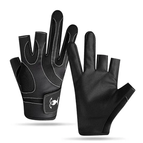 Outdoor Fishing Gloves Three Finger Cut Off Anti Slip Breathable PU Leather Wear Resistant Sports Gear