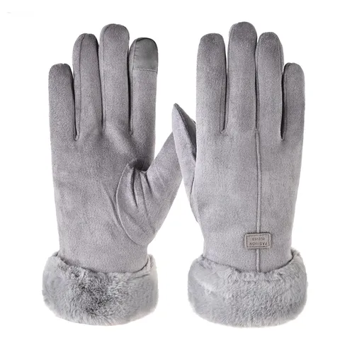 Women Winter Touch Screen Warm Gloves Faux Suede Thickened Plush Cuff Cold Weather Outdoor Cycling Gloves