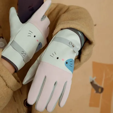 Winter Thermal Cycling Gloves For Men Women Windproof Waterproof Touch Screen Cute Cartoon Cat Warm Fleece Gloves