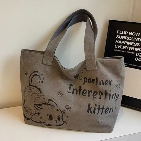 Large Capacity Canvas Tote Bag Casual Women Handbag Fashion Cute Cat Print Shoulder Bag Commuter Shopping Bag