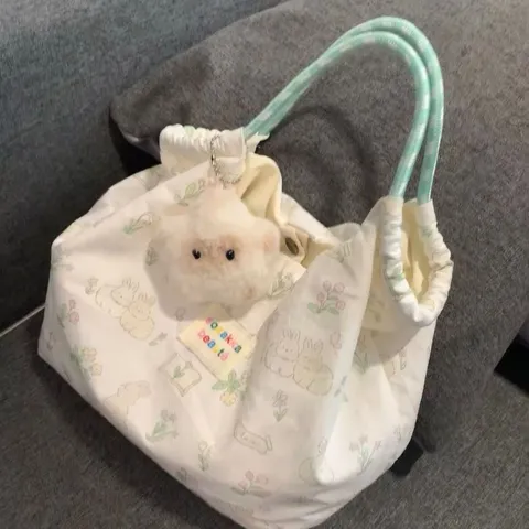 Women Canvas Tote Bag Large Capacity Casual Shoulder Bag Cute Cartoon Rabbit Print Handbag Daily Commuting Bag