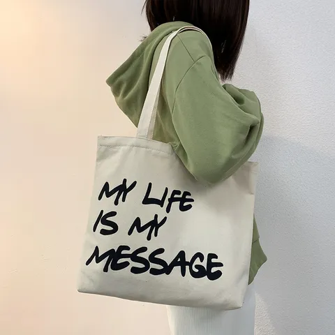 Women Large Capacity Canvas Tote Bag Casual Letter Printed Shoulder Bag Student School Daily Shopping Handbag
