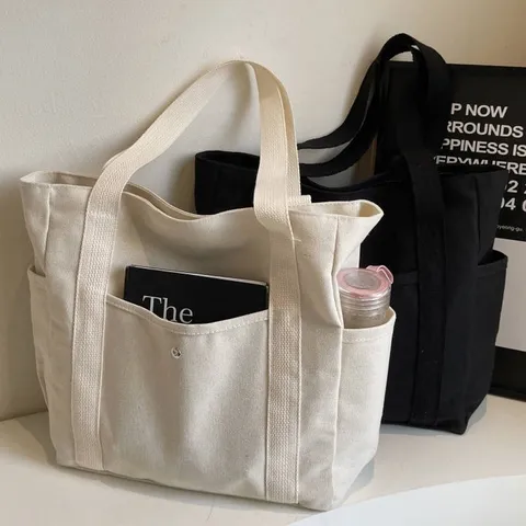 Large Capacity Canvas Tote Bag For Women Casual Commuter Solid Color Shoulder Bag Student Book Bag Handbag