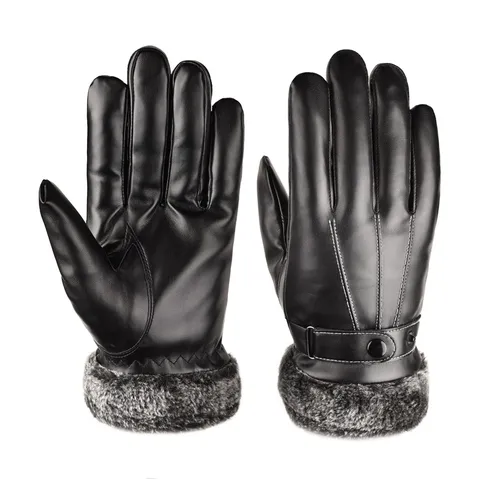 Men's Winter Warm PU Leather Gloves Thickened Plush Fur Cuff Three Lines Design Windproof Cycling Touch Screen Gloves