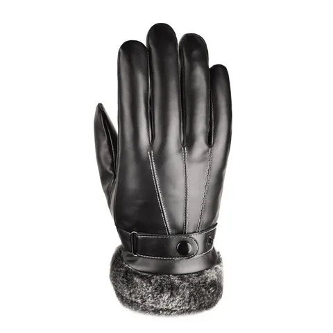 Men's Winter Warm PU Leather Gloves Thickened Plush Fur Cuff Three Lines Design Windproof Cycling Touch Screen Gloves