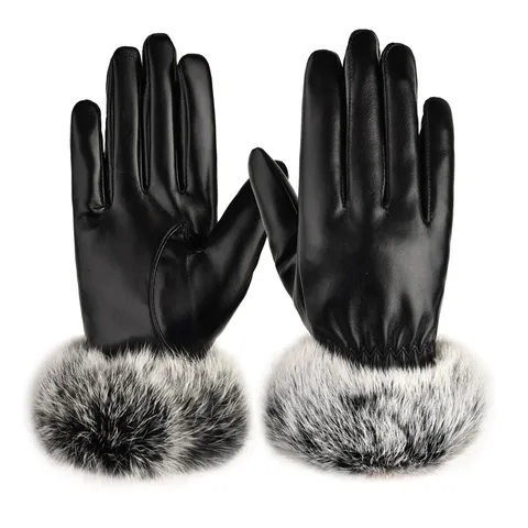 Women's Winter Warm PU Leather Gloves Plush Cuff Touch Screen Windproof Driving Cycling Gloves