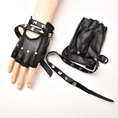 Women Punk Style Half Finger PU Leather Gloves With Metal Studs And Long Chain Street Dance Performance Gloves