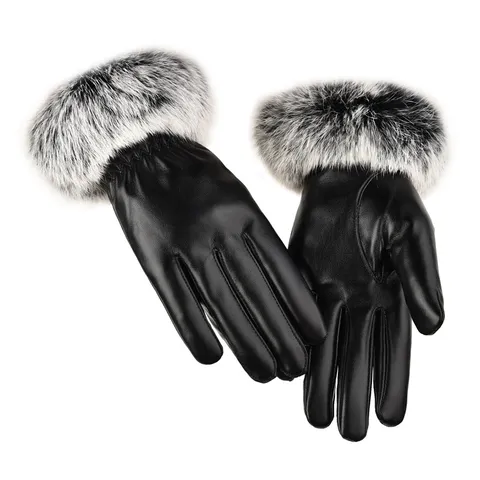 Women's Winter Warm PU Leather Gloves Plush Cuff Touch Screen Windproof Driving Cycling Gloves