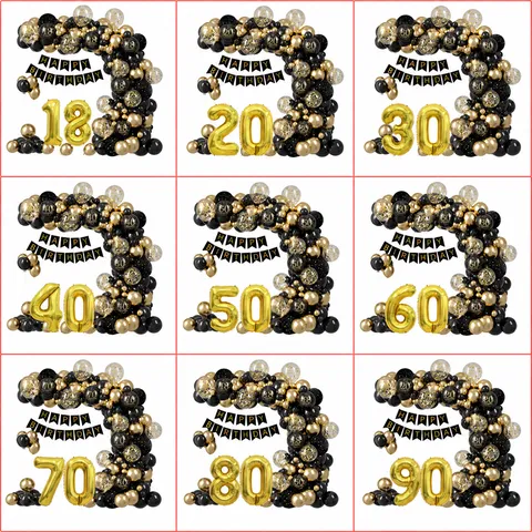 Kit d'Arche de Ballons de Fête d'Anniversaire Noir et Or Avec Ballons en Aluminium et Bannière Joyeux Anniversaire pour Décoration d'Homme