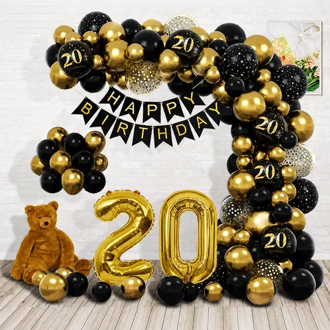 Kit d'Arche de Ballons de Fête d'Anniversaire Noir et Or Avec Ballons en Aluminium et Bannière Joyeux Anniversaire pour Décoration d'Homme