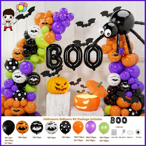 Kit d'Arche de Ballons d'Halloween Avec Ballons en Latex Lumières de Citrouille Chauves-Souris Et Ballons en Aluminium BOO Pour Décoration de Fête