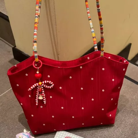 Women Canvas Tote Bag Korean Style Red Floral Shoulder Bag Casual Woven Handle Daily Commuting Handbag Shopping Bag