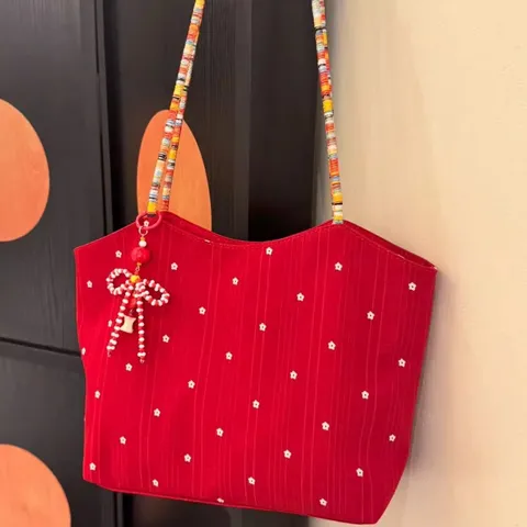 Women Canvas Tote Bag Korean Style Red Floral Shoulder Bag Casual Woven Handle Daily Commuting Handbag Shopping Bag