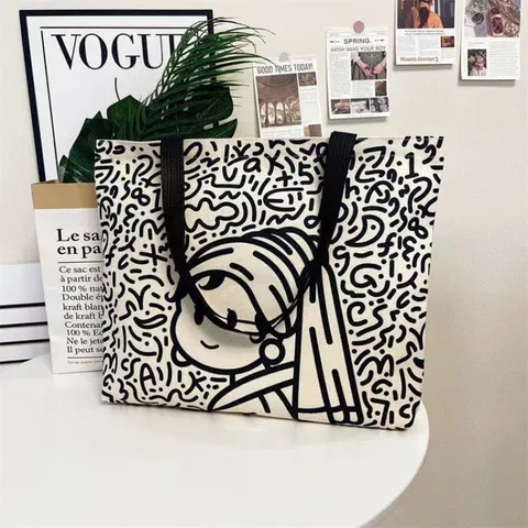 Large Capacity Canvas Tote Bag Casual Student School Shopping Bag Fashion Graffiti Shoulder Bag Handbag For Women