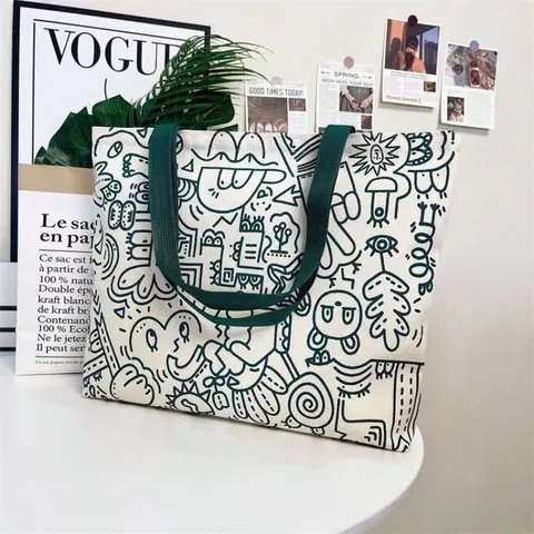 Large Capacity Canvas Tote Bag Casual Student School Shopping Bag Fashion Graffiti Shoulder Bag Handbag For Women
