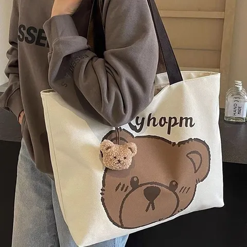 Japanese Style Cartoon Bear Canvas Tote Bag Large Capacity Casual Shoulder Handbag Cute Student Commute Bag