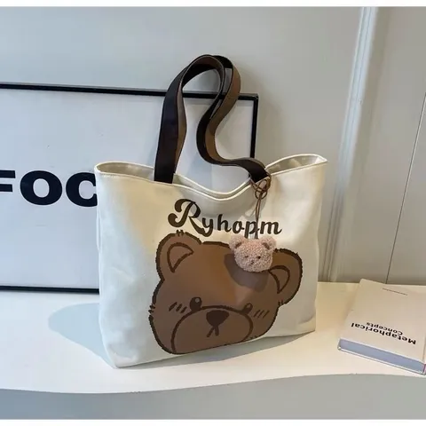 Japanese Style Cartoon Bear Canvas Tote Bag Large Capacity Casual Shoulder Handbag Cute Student Commute Bag
