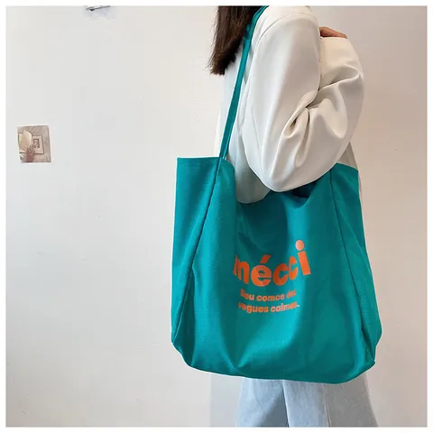 Large Women Canvas Tote Bag Letter Print Casual Shoulder Bag Daily Commuter Handbag