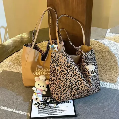 Women Leopard Print Canvas Tote Bag Large Capacity Casual Shoulder Handbag Reversible Commuting Daily Bag