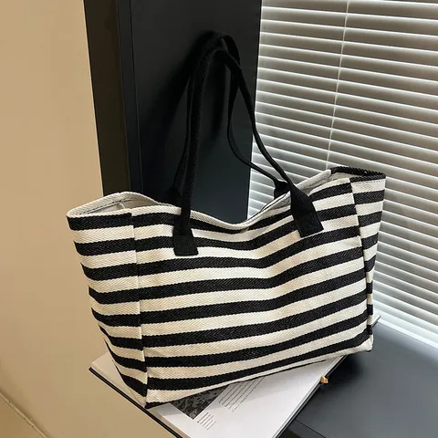 Large Capacity Canvas Tote Bag For Women Casual Striped Shoulder Bag Commute Handbag Travel Shopping Bag