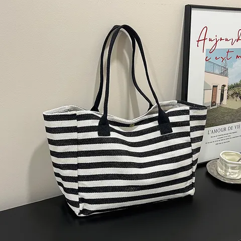 Large Capacity Canvas Tote Bag For Women Casual Striped Shoulder Bag Commute Handbag Travel Shopping Bag