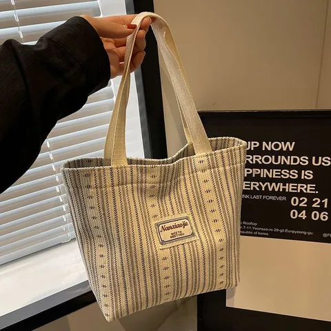 Women Corduroy Tote Bag Casual Striped Handbag Large Capacity Shoulder Bag Daily Commuting Student School Bag