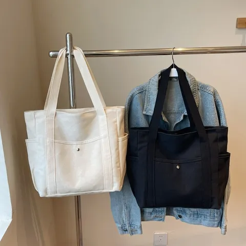 Large Capacity Canvas Tote Bag For Women Casual Commuter Solid Color Shoulder Bag Student Book Bag Handbag