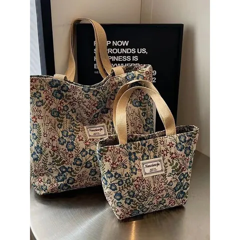 Large Capacity Canvas Tote Bag Retro Floral Woven Casual Shoulder Handbag Leisure Commuter Bag For Women