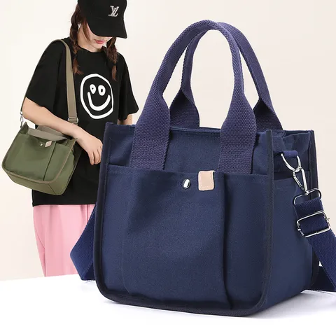 Casual Canvas Tote Bag For Women Large Capacity Daily Shoulder Bag Multi Pocket Handbag Versatile Crossbody Bag