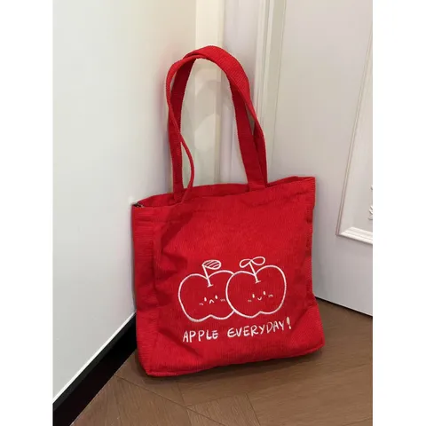 Corduroy Tote Bag For Women Large Capacity Casual Shoulder Bag Cute Apple Embroidery Commuting Handbag Red