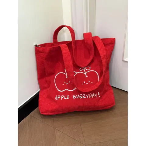 Corduroy Tote Bag For Women Large Capacity Casual Shoulder Bag Cute Apple Embroidery Commuting Handbag Red