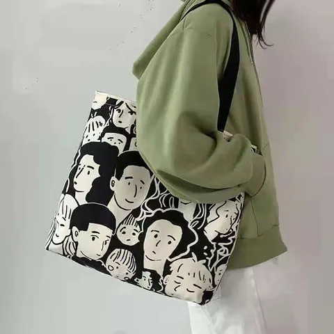 Women Canvas Tote Bag Large Capacity Casual Shoulder Bag Handbag Retro Character Print Student Book Bag Shopping Bag