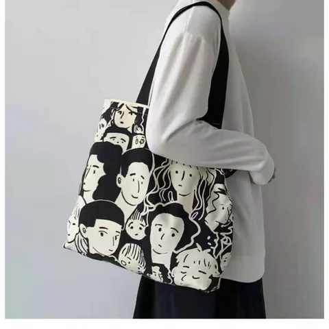 Women Canvas Tote Bag Large Capacity Casual Shoulder Bag Handbag Retro Character Print Student Book Bag Shopping Bag