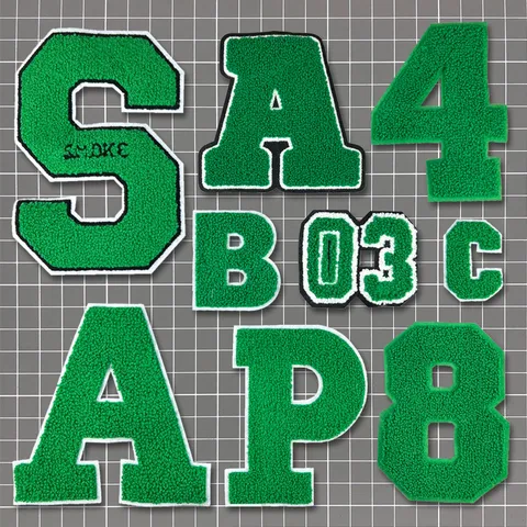 Grüne Chenille Handtuchstickerei Buchstaben Zahlen Aufnäher DIY Bekleidungszubehör Baseball Jacke Dekorative Bestickte Flicken