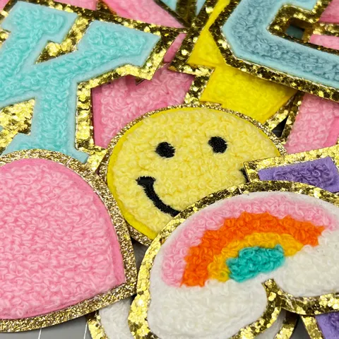 Chenille Embroidery Glitter Patches Cartoon Lightning Heart Smiley Rainbow Decorative DIY Applique For Clothing Bags