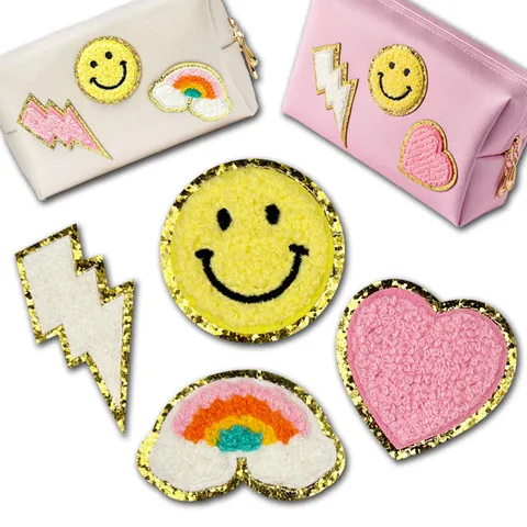 Chenille Embroidery Glitter Patches Cartoon Lightning Heart Smiley Rainbow Decorative DIY Applique For Clothing Bags