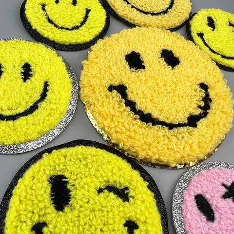 Chenille Embroidery Smiley Face Patches Cute Cartoon Glitter Edge Iron On Applique Badge For Clothes Hat DIY Decoration