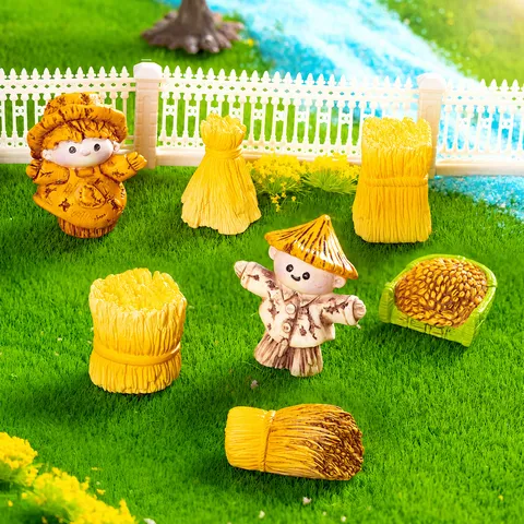 Miniature Resin Scarecrow Hay Bale Figurine Set Fairy Garden Micro Landscape DIY Terracotta Decor Ornament Craft