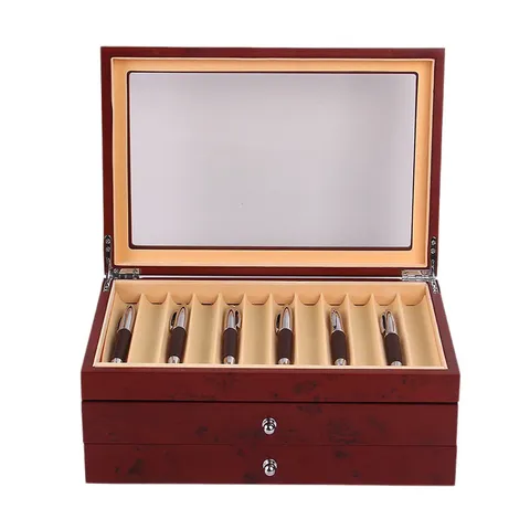 Wooden Fountain Pen Display Storage Box Large Capacity Business Signature Pen Organizer Case With Glass Lid And Drawers
