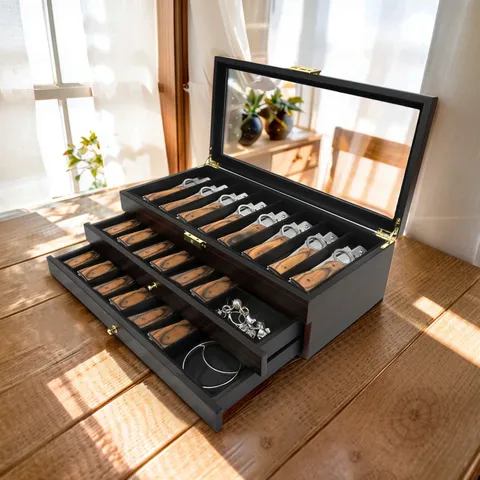 Wooden Pocket Knife Storage Box With Glass Lid Multi Layer Wooden Display Organizer Case For Collection Jewelry Tableware