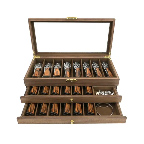 Wooden Pocket Knife Storage Box With Glass Lid Multi Layer Wooden Display Organizer Case For Collection Jewelry Tableware