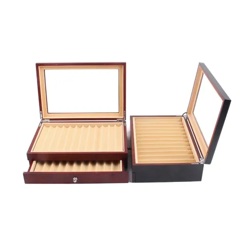 Ξύλινο κουτί αποθήκευσης στυλό πένας μεγάλης χωρητικότητας πολλαπλών υποδοχών θήκη οθόνης με διαφανές γυάλινο καπάκι συρτάρι